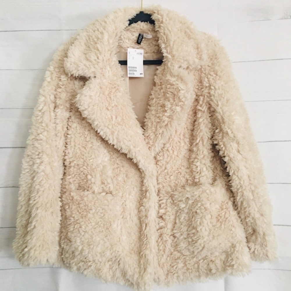 H&M/Divided Cream Faux Fur Jacket Coat